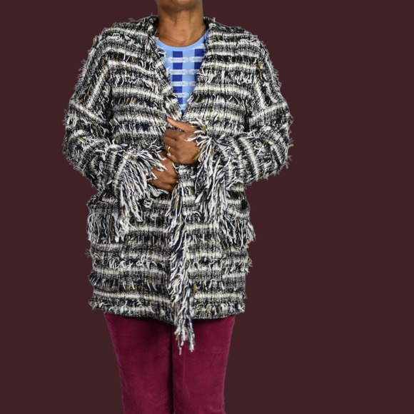 Zara Basic Fringe Tweed Coat Jacket Black White Metallic Thread Open Front Small - Picture 15 of 15